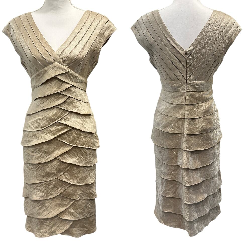 Adrianna Papell Champagne Gold Metallic Tiered Ruffle Empire Waist Dress‎ Size 4